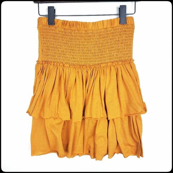 Anthropologie Tops - ANTHROPOLOGIE SATURDAY SUNDAY Mustard Yellow Smocked Ruffle Strapless Boho Top M